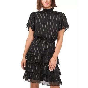 New! SAM&JESS Women's SP Small Tiered Smocked Waist Flutter Sleeves Black Dress